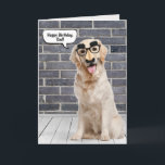 Dad's Birthday Funny Golden Retriever Card<br><div class="desc">Golden retriever wearing a funny moustache mask on grey brick wall and wood floor with speech bubble for Dad's birthday.
Can be changed for anyone's birthday. Text is editable.</div>