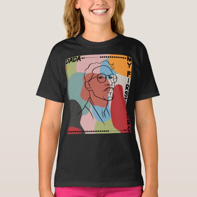 Dad's Black Line art Drawing on colourful shapes T-Shirt (Front)