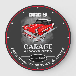 Dad's Garage Any Name Always Open Red Car Grey Large Clock