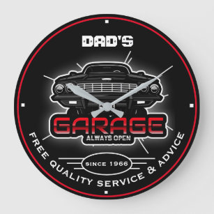 Dad's Garage or Any Name Always Open & Fun Slogan Large Clock
