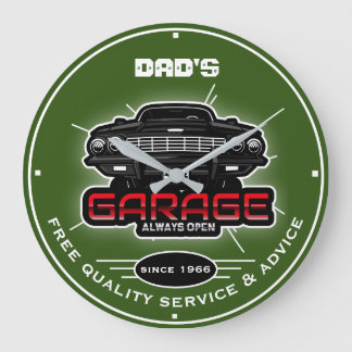 Dad's Garage or Any Name Always Open Green Large Clock