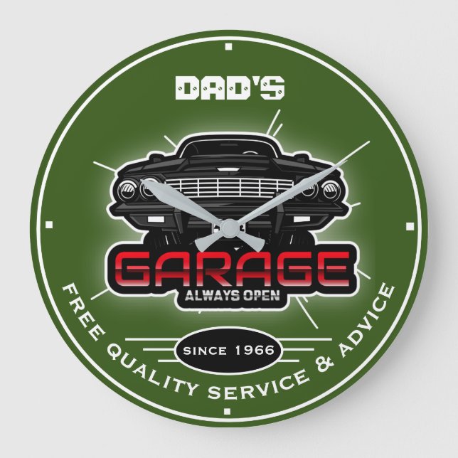 Dad's Garage or Any Name Always Open Green Large Clock (Front)