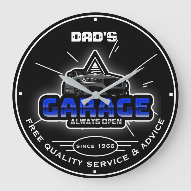Dad's Garage or Any Name Always Open Modern Cars Large Clock (Front)
