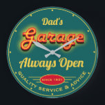 Dad's Garage Red Yellow Neon Effect Date Name Teal Large Clock<br><div class="desc">Dad's garage or any name garage,  garage typography with a neon effect on a dark teal background. Just use the personalize option to change the text. Pick the hand colour and size before checkout.</div>