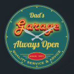 Dad's Garage Red Yellow Neon Effect Date Name Teal Large Clock<br><div class="desc">Dad's garage or any name garage,  garage typography with a neon effect on a dark teal background. Just use the personalize option to change the text. Pick the hand colour and size before checkout.</div>