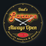 Dad's Garage Red Yellow Neon Look Date Name Black Large Clock<br><div class="desc">Dad's garage or any name garage,  garage typography with a neon effect. Just use the personalize option to change the text. Pick the hand colour and size before checkout.</div>