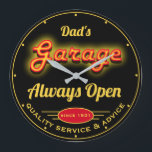 Dad's Garage Red Yellow Neon Look Date Name Black Large Clock<br><div class="desc">Dad's garage or any name garage,  garage typography with a neon effect. Just use the personalize option to change the text. Pick the hand colour and size before checkout.</div>