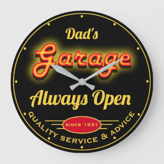 Dad's Garage Red Yellow Neon Look Date Name Black Large Clock