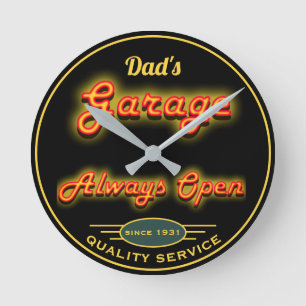 Dad's Garage Yellow Neon Look Any Date Any Name - Round Clock