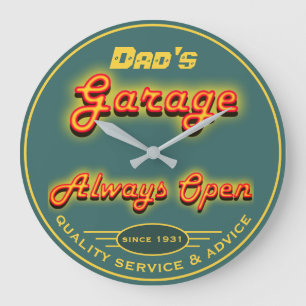 Dad's Garage Yellow & Teal Neon Look Any Name - Large Clock