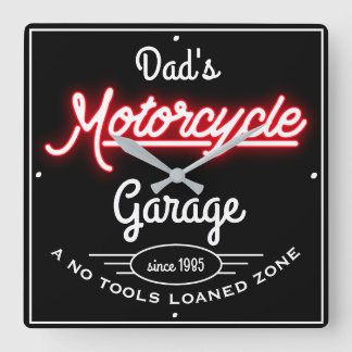 Dad's Motorcycle Garage Red Faux Neon Black Square Wall Clock