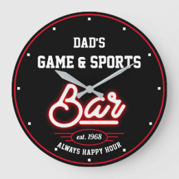 Dad's or Any Name Game Sports Bar Black Red Large Clock