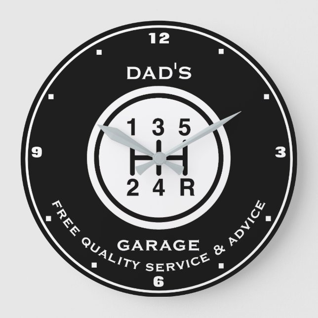 Dad's or Any Name Garage Black White Gear Shifter  Large Clock (Front)