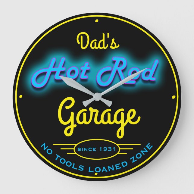 Dad's or Any Name Garage Blue Faux Neon Effect Large Clock (Front)