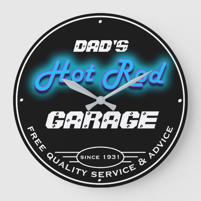 Dad's or Any Name Garage Blue Faux Neon Look Any Large Clock (Front)