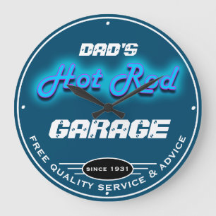 Dad's or Any Name Garage Blue Faux Neon Look Large Clock