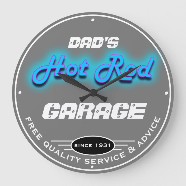 Dad's or Any Name Garage Grey Faux Neon Look Large Clock (Front)
