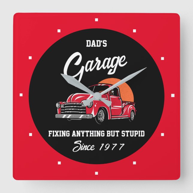Dad's or Any Name Garage Red Chevy Truck Slogan  Square Wall Clock (Front)