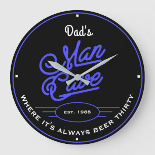 Dad's or Any Name Man Cave Retro Blue with Slogan Large Clock