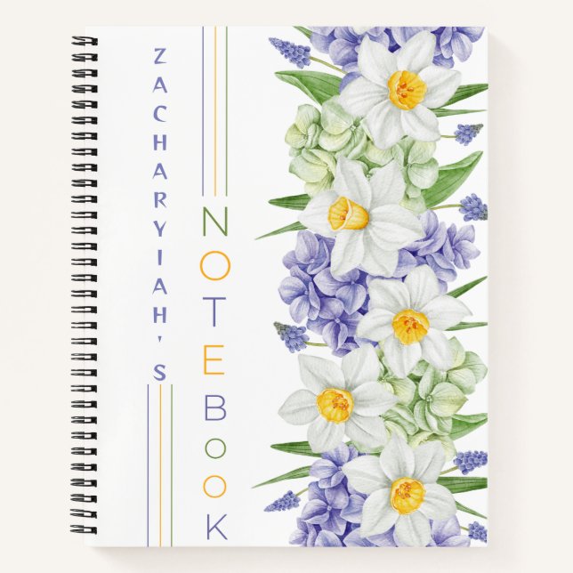 Daffodil and Hydrangea Personalized Floral  Notebook (Front)