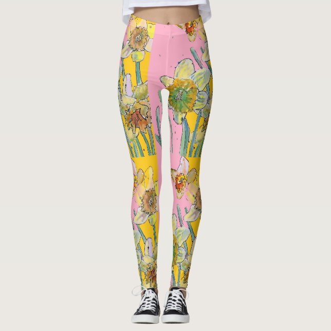 Daffodil Aquarelle Fleur Rose Leggings Floraux (Devant)