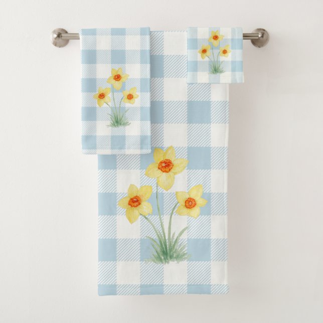 Daffodil Blue Check Gingham Pattern Bath Towel Set (Insitu)