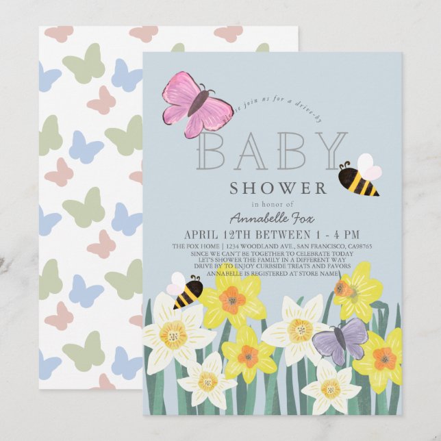 Daffodil Butterfly Bee Floral Drive-by Baby Shower Invitation (Front/Back)