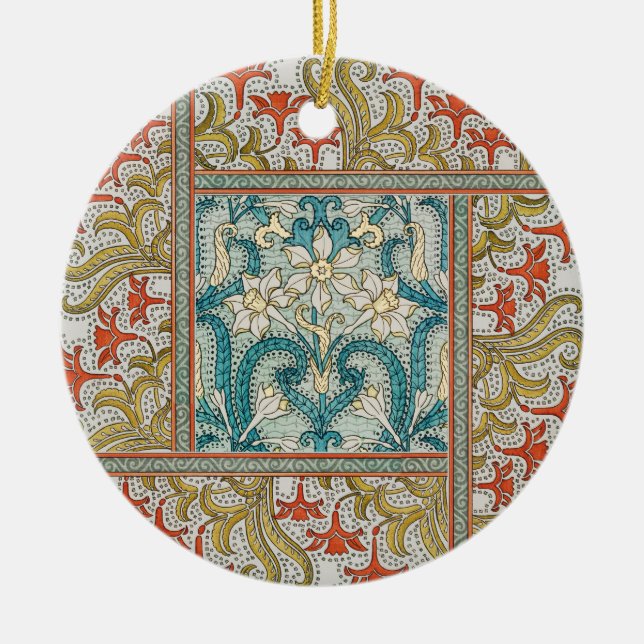 Daffodil chintz art nouveau flower wallpaper ceramic ornament (Front)