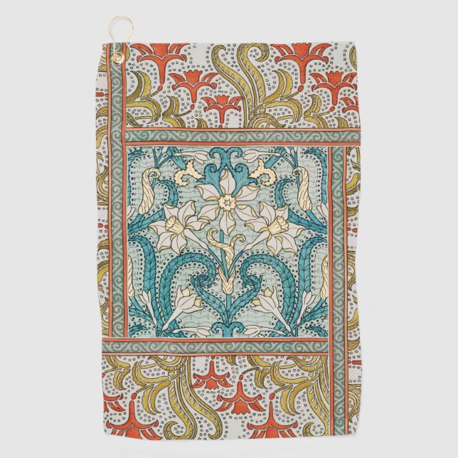 Daffodil chintz art nouveau flower wallpaper golf towel (Front)