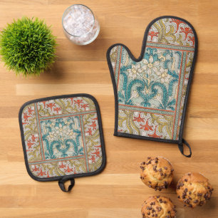 Daffodil chintz art nouveau flower wallpaper oven mitt & pot holder set