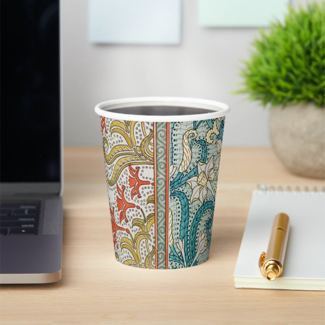 Daffodil chintz art nouveau flower wallpaper paper cups (Insitu)