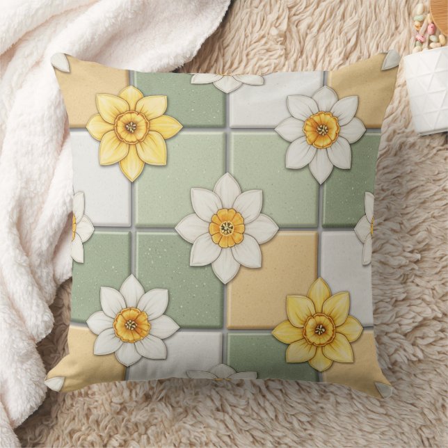 Daffodil Floral Tile Pattern Throw Pillow (Blanket)