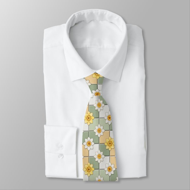 Daffodil Floral Tile Pattern Tie (Tied)