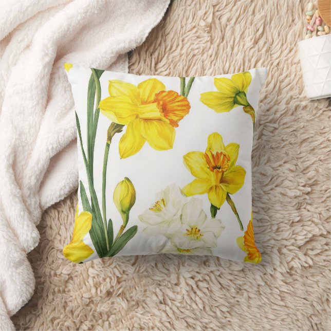 Daffodil Floral Watercolor Botanical Pattern Throw Pillow (Blanket)
