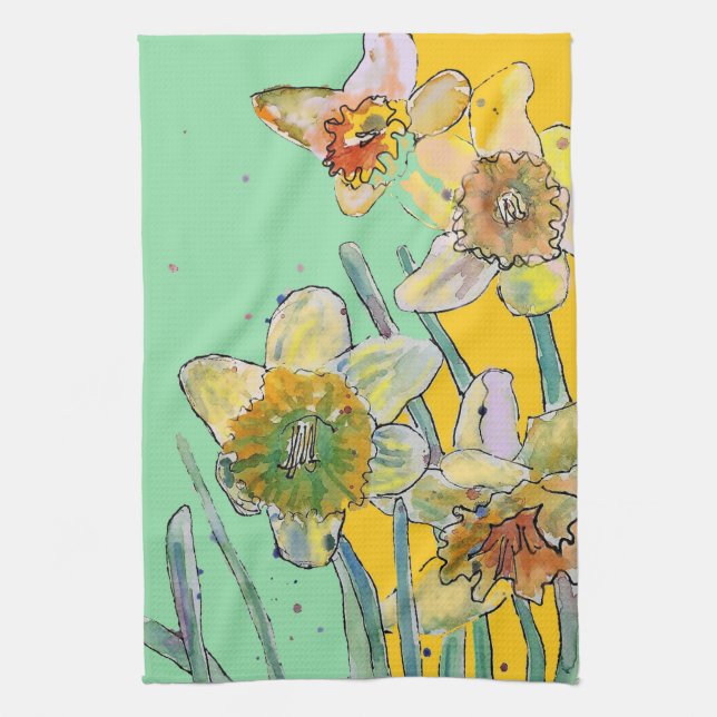 Daffodil Flower Floral Spring Watercolour Mint Kitchen Towel (Vertical)