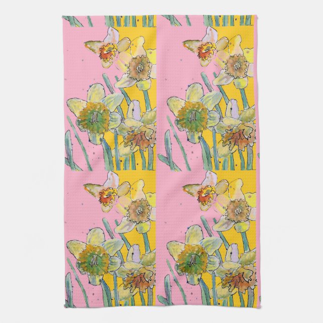 Daffodil Flower Floral Spring Watercolour Pink Tea Kitchen Towel (Vertical)