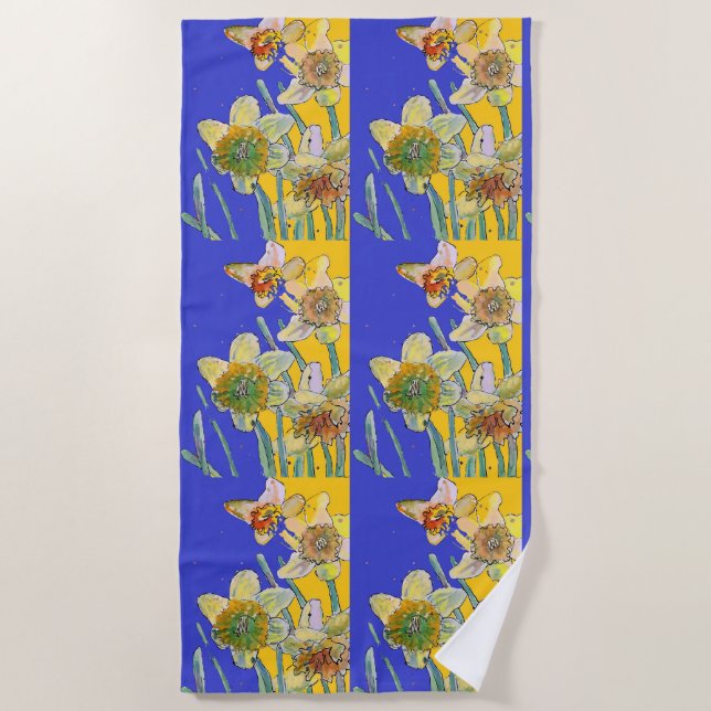 Daffodil Flower Floral Watercolor Navy Blue Beach Towel (Front)