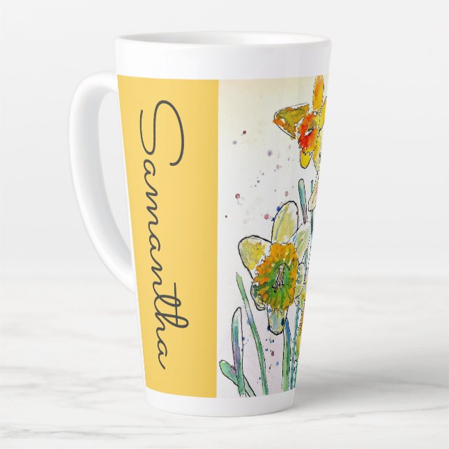 Daffodil Flower Floral Watercolor Womans Name Latte Mug (Left Angle)