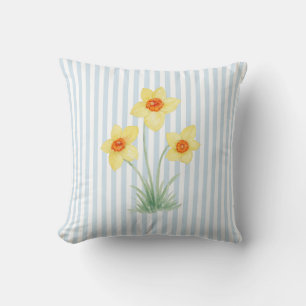Daffodil Flower Painting Blue Stripe Throw Pillow