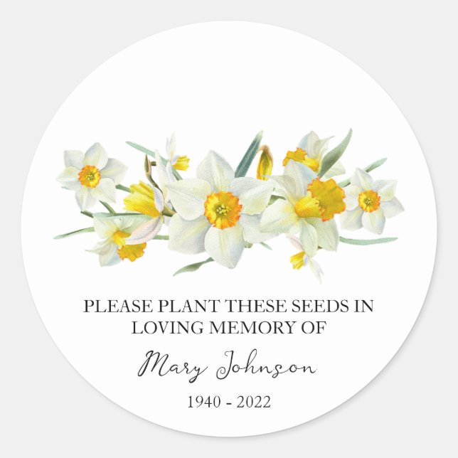 Daffodil Memorial Funeral Seed Packet Classic Round Sticker (Front)