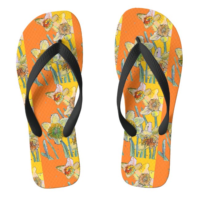 Daffodil Orange Yellow Art Floral Pattern Flip Flops (Footbed)