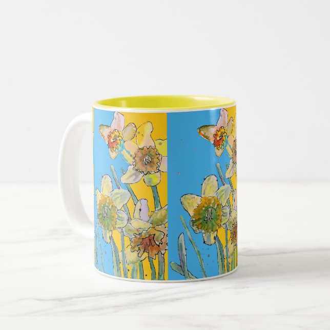 Daffodil Painting Hand Painted Yellow floral  Two- Two-Tone Coffee Mug (Front Left)