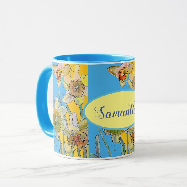 Daffodil Painting Watercolor Yellow Blue floral Mug (Front Left)