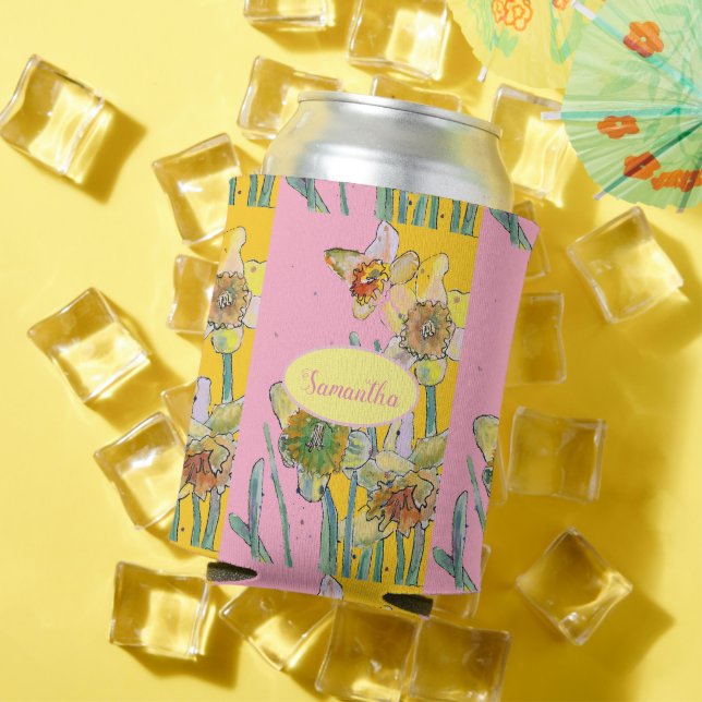 Daffodil Painting Watercolor Yellow Pink floral  Can Cooler (In Situ Summer)