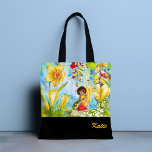 Daffodil Pixie Watercolour Personalized Tote Bag<br><div class="desc">A gorgeous watercolour of a pixie and a ladybird amongst the flowers. Add your name to personalize or delete text for your custom tote bag. Designed for you by Evco Studio.</div>