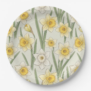Daffodil Spring Floral in Soft Yellow and Green 3 Paper Plate
