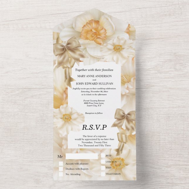 Daffodil spring flower gold ribbon floral wedding  all in one invitation (Inside)