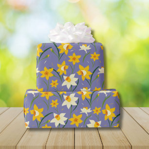 Daffodil spring flowers pattern on Blue Wrapping Paper