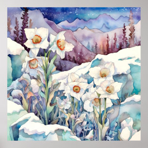 Daffodil Under Snow Wall Art, Floral Square  Poster