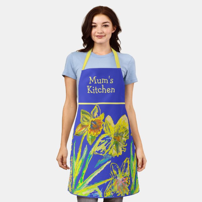 Daffodil Watercolor Flower Abstract Yellow Blue Apron (Worn)